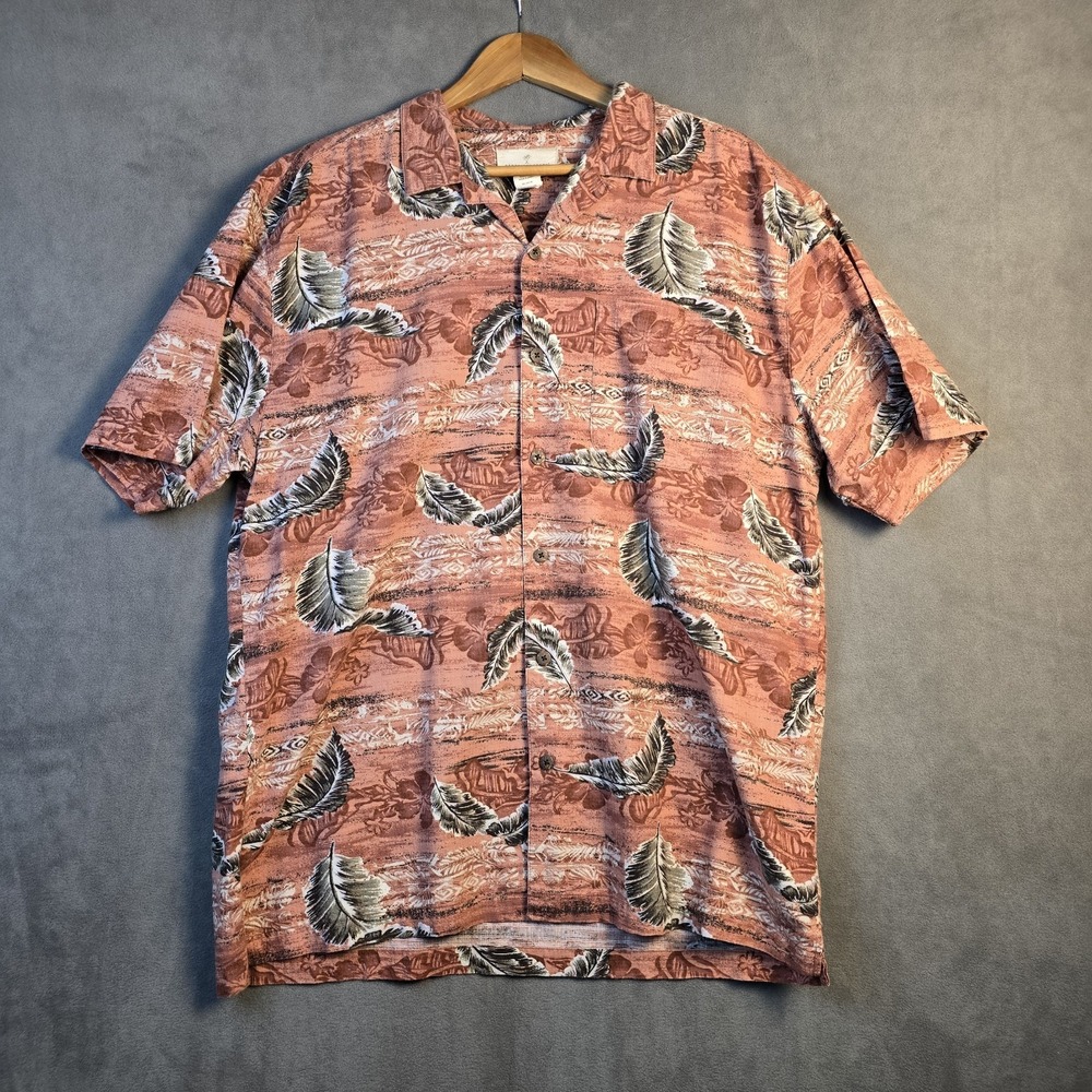 Paradise Shores Men's Vintage Hawaiian Camp Shirt Size L feathers